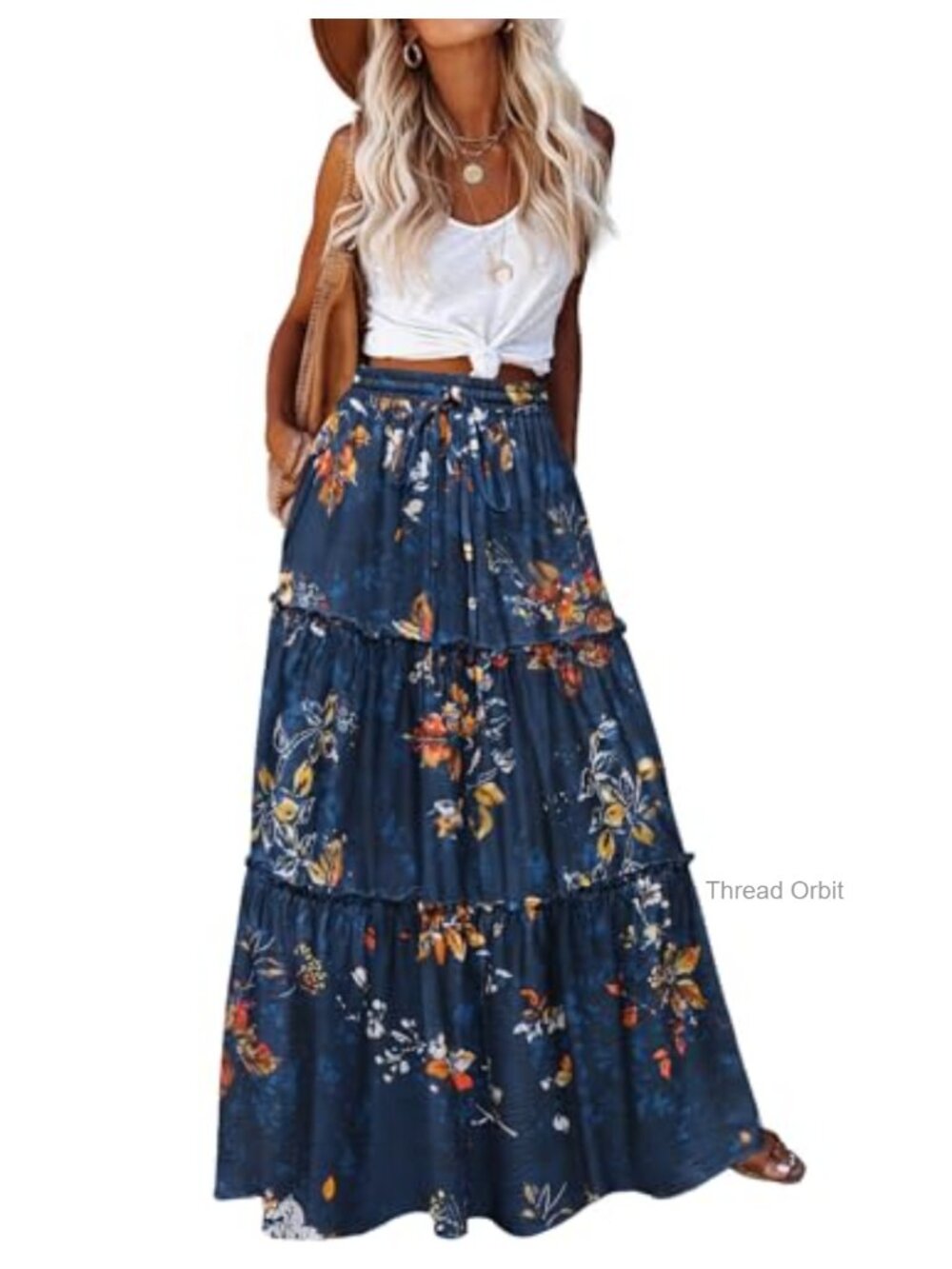 Womens High Waist Boho Maxi Skirt Floral A-Line Long Flowy Tiered Skirt with